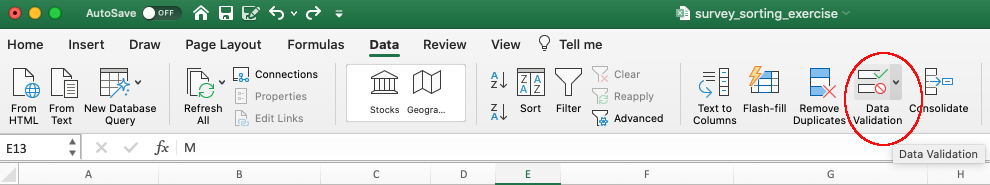 Image of Data Validation button on Data tab