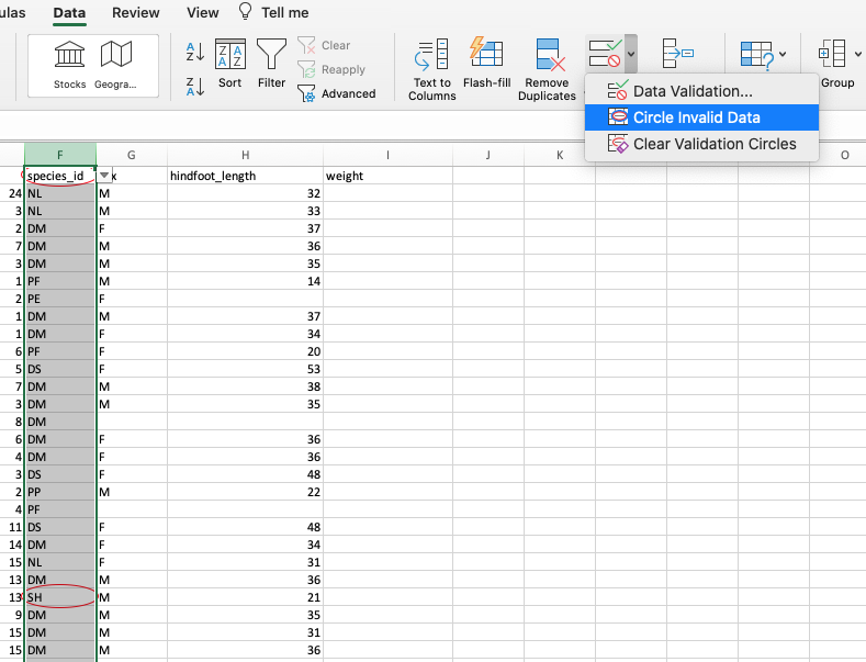 Image of invalid list entries circled