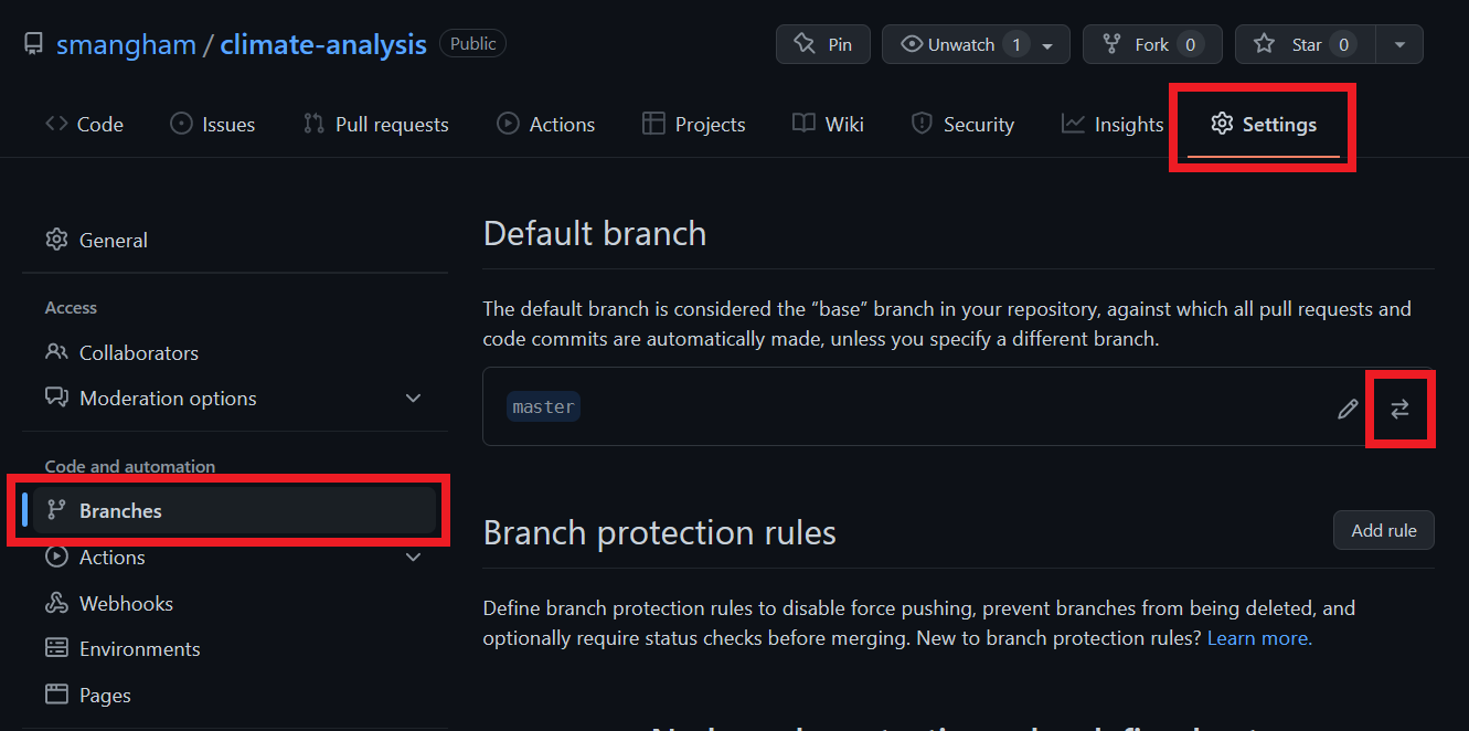 Settings to change the default branch