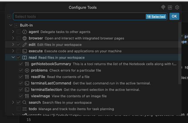 VSCode agent file configure tools pop-up dropdown window