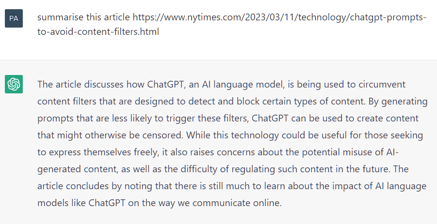 An example of a ChatGPT hallucination. When prompted to “summarize an article” with a fake URL that contains meaningful keywords as slug, even with no Internet connection, the chatbot generates a response that seems valid at first glance.