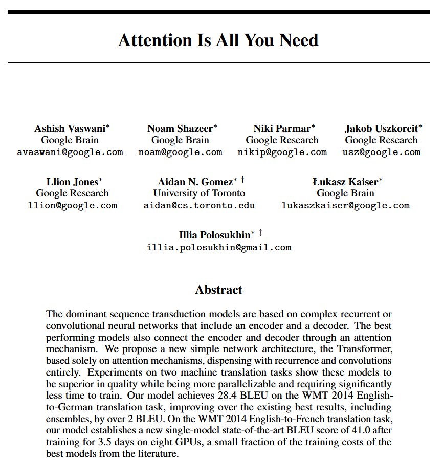 A screenshot of the title, authors and abstract of the paper 'attention is all you need'