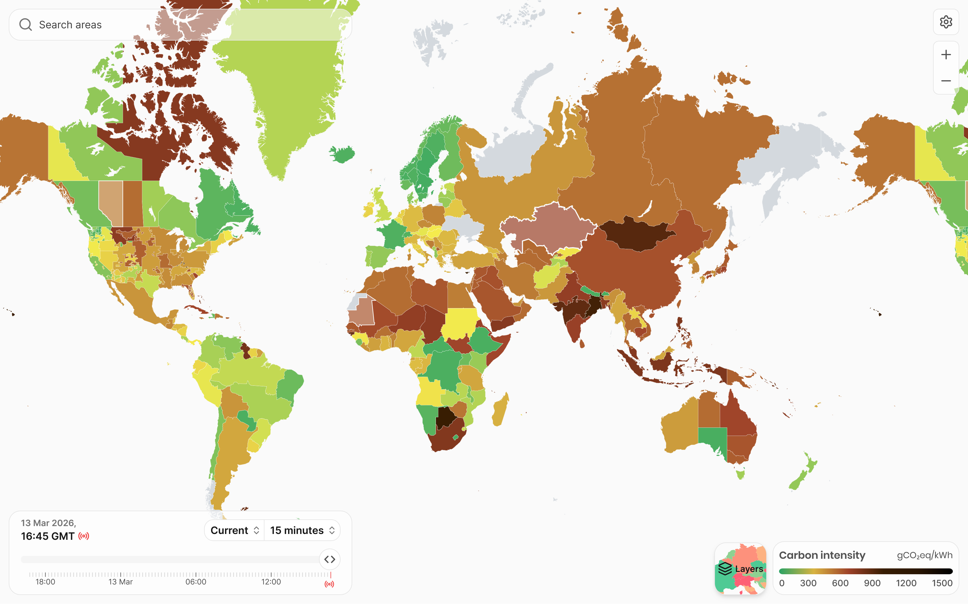 Screenshot of the electricity maps website showing the carbon intensity i.e. the grams of CO2 equivalent per kilowatt-hour (gCO2eq/kWh) measuring the greenhouse gas emissions from generating electricity