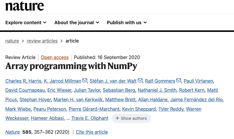 Array programming with NumPy paper in Nature