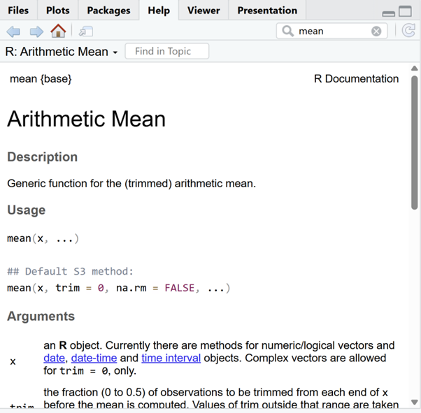 Screenshot of the RStudio help interface.