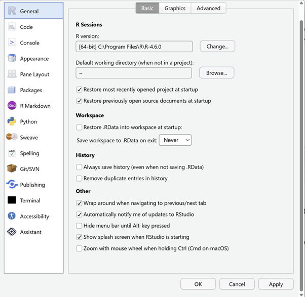 RStudio preferences screenshot showing the workspace saving option set to Never.