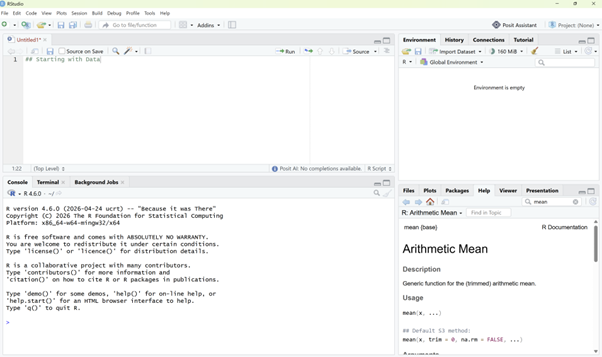 RStudio interface screenshot showing four panes.