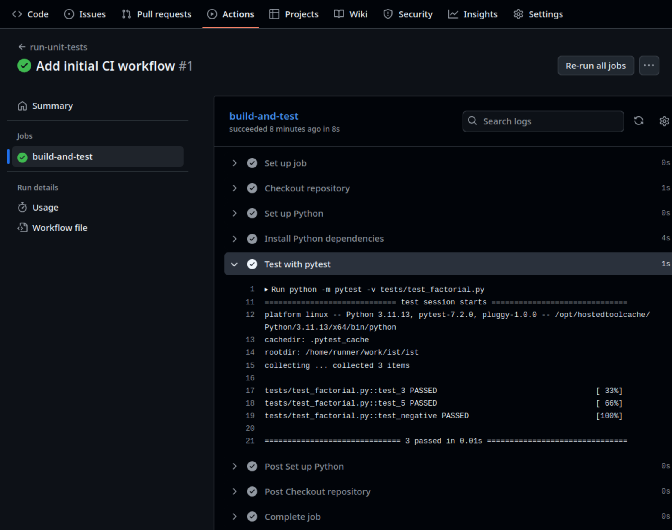 Log of finished workflow run