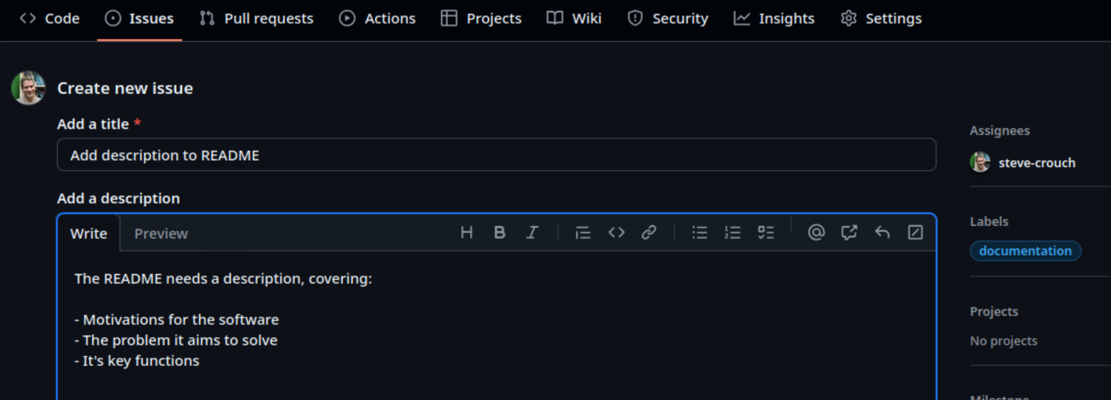 Adding a new GitHub issue to the group repository for writing a description to the README, ensuring it has a quick summary, is assigned to someone, and has a documentation label