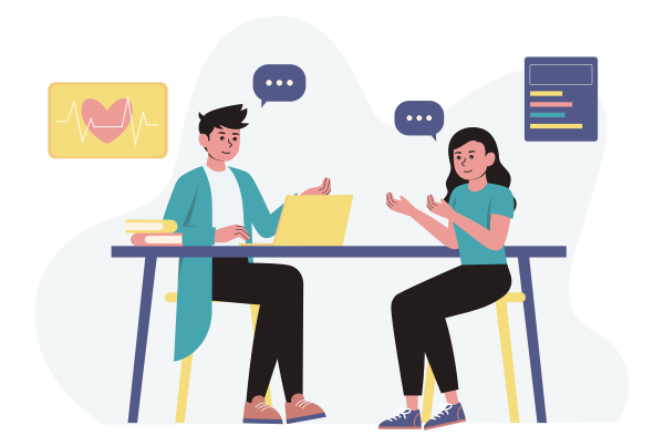 Illustration of two people at a table with laptops