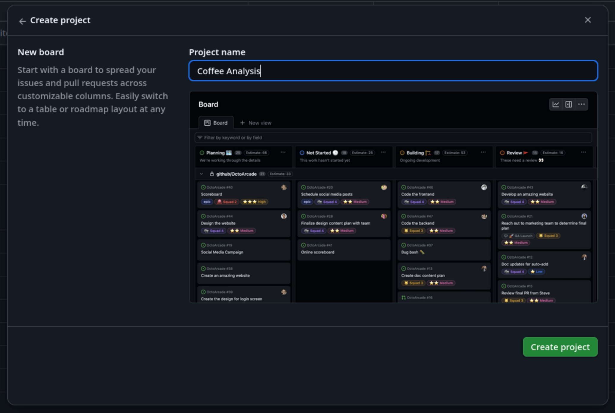 Create a project board in GitHub