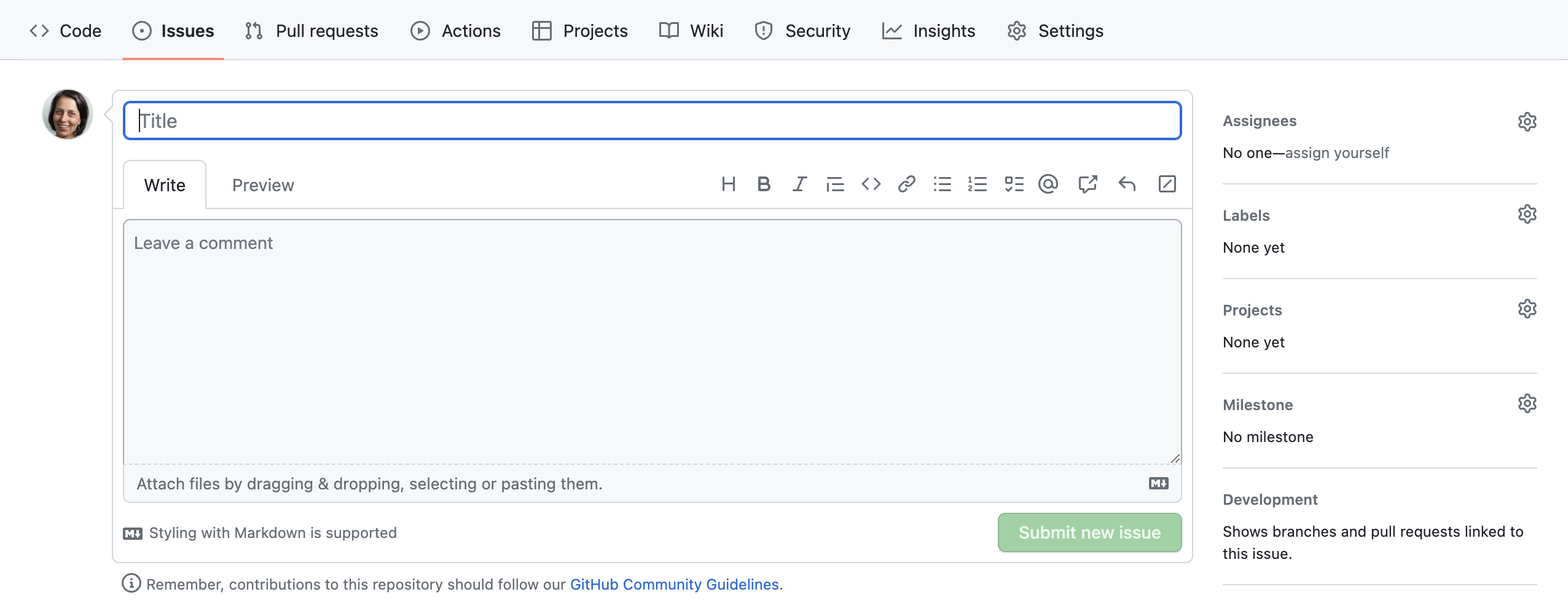 Creating a new issue in GitHub