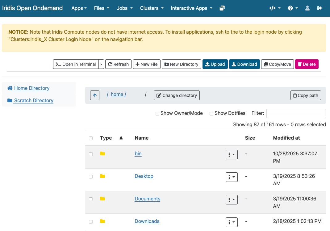File Manager in Iridis On Demand: Moving data to and from the Iridis HPC system can be achieved in the Open On Demand Web Portal