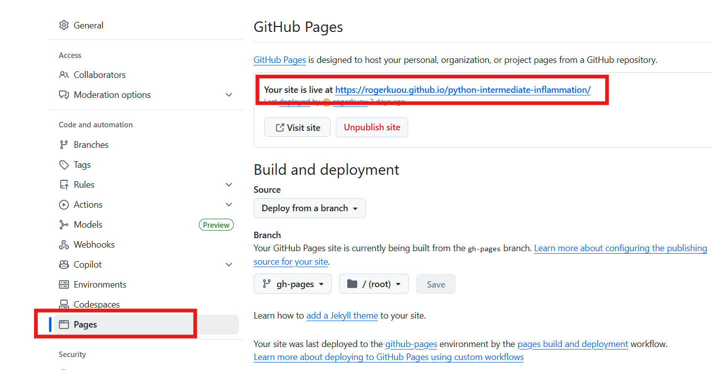 GitHub Pages settings details