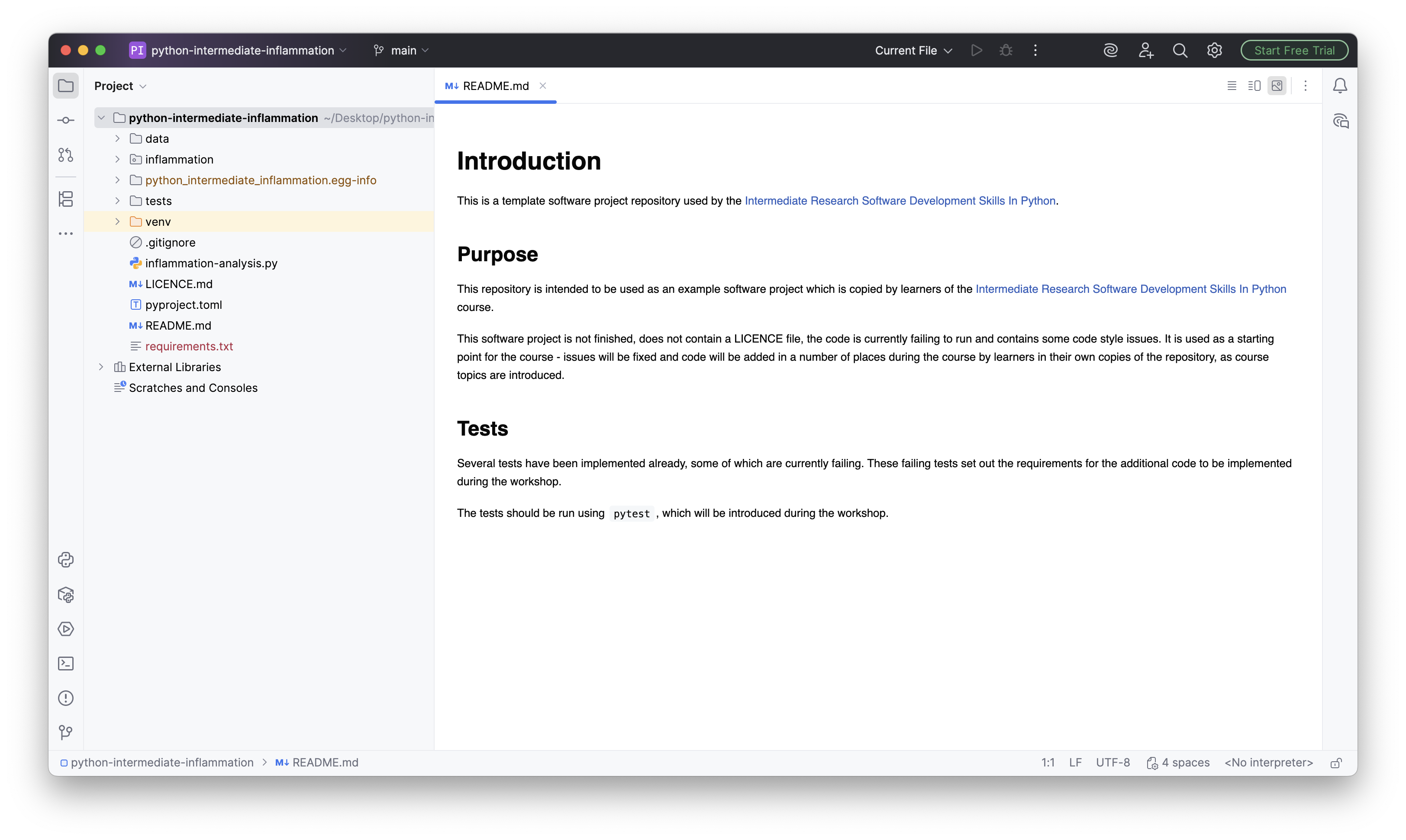 View of an opened project in PyCharm