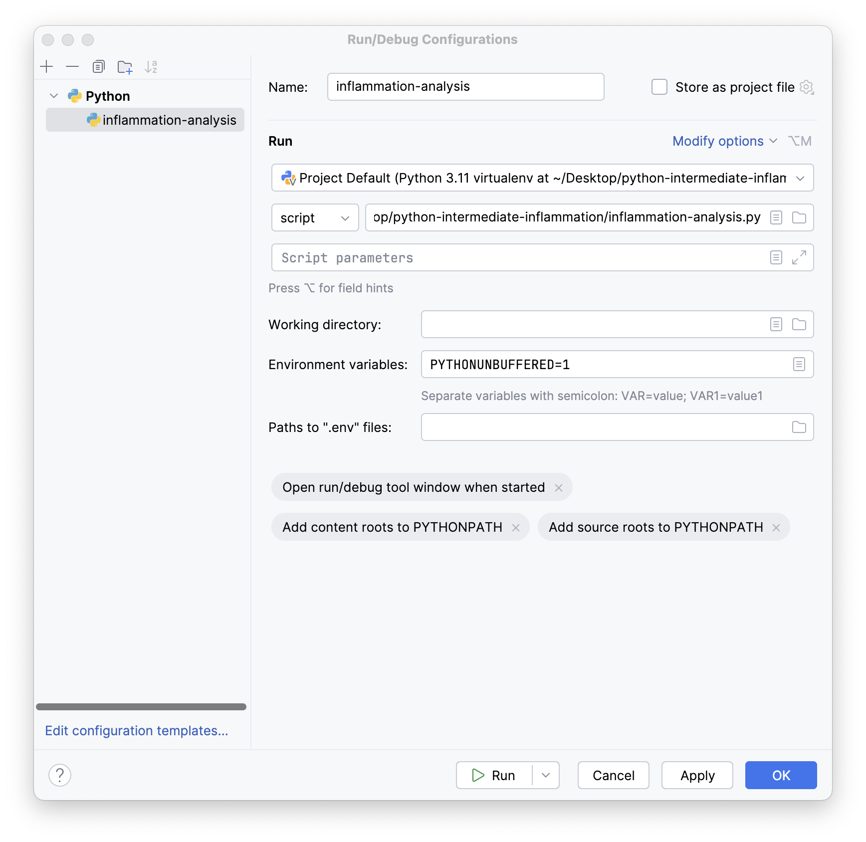 Run Configuration Popup in PyCharm