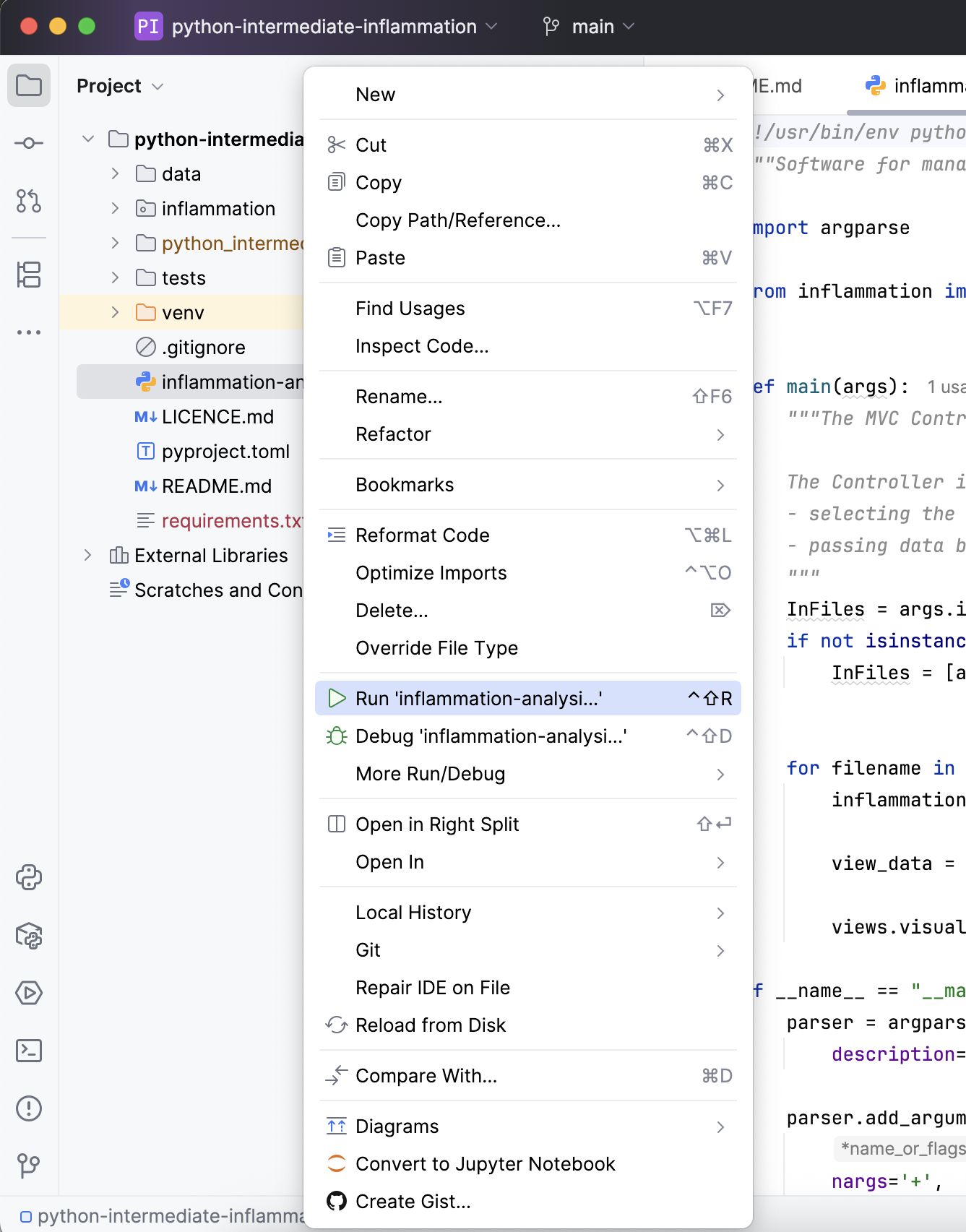 Running a script from PyCharm