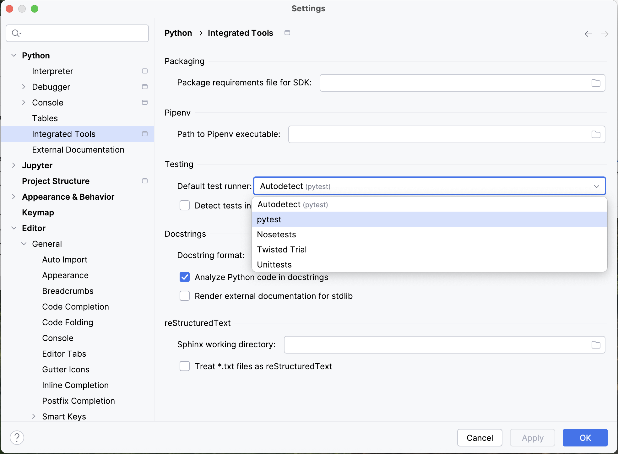 Setting up test framework in PyCharm