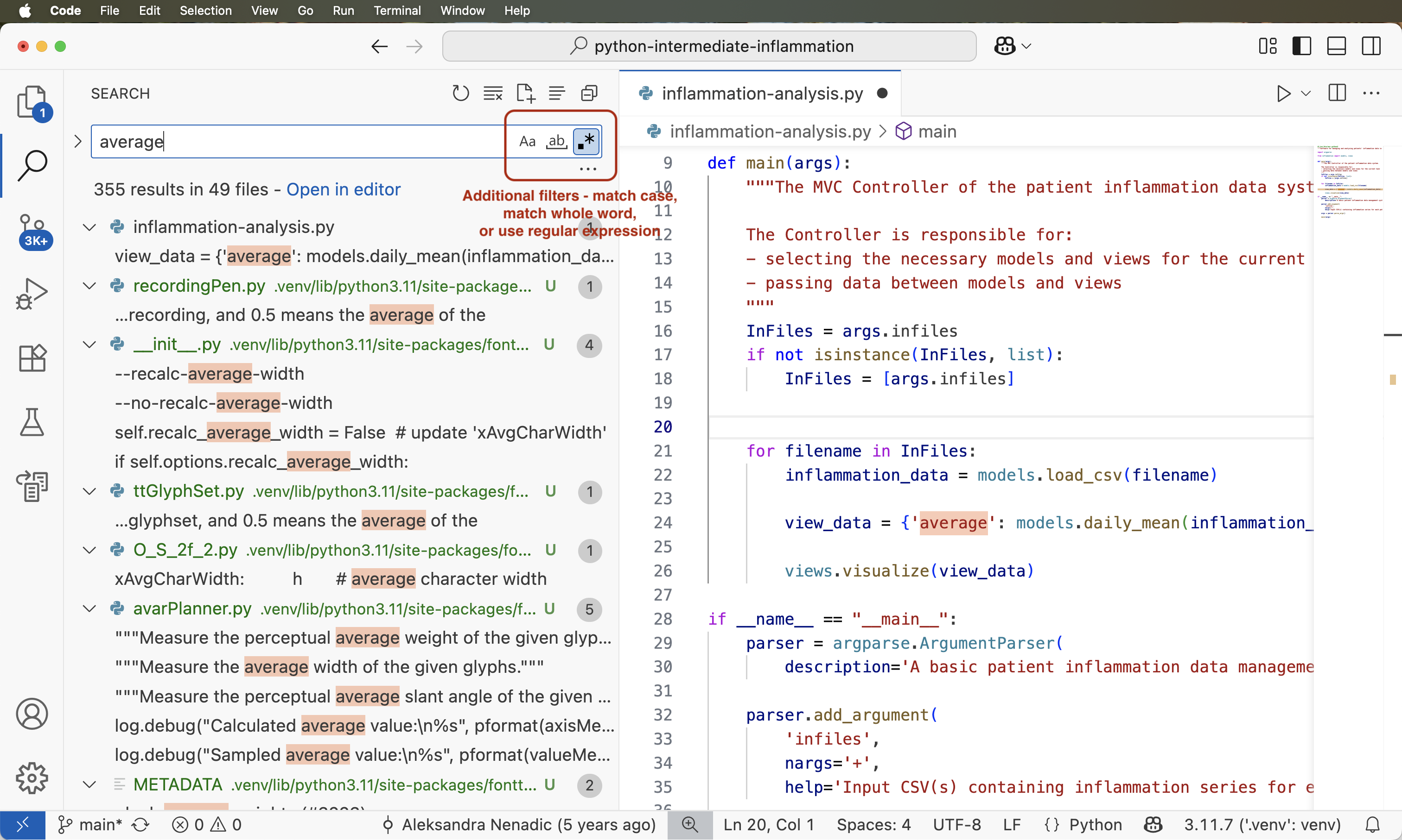 Search results window in VS Code with further filtering functionalities
