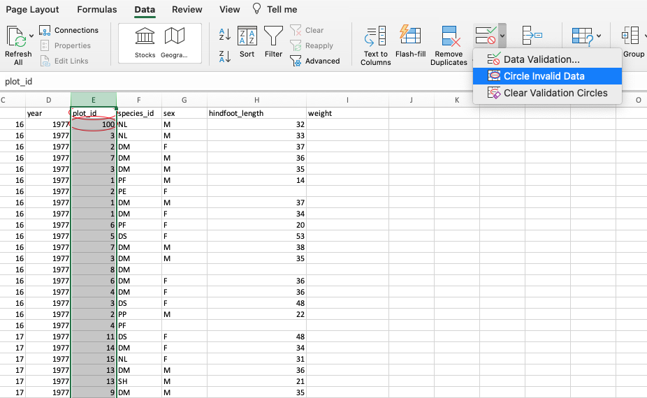 Image of invalid numeric entries circled