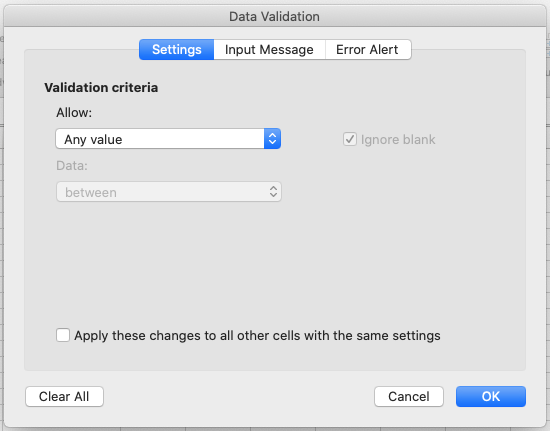 Image of Data Validation window