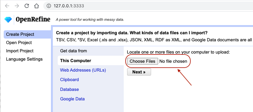 OpenRefine Create Project