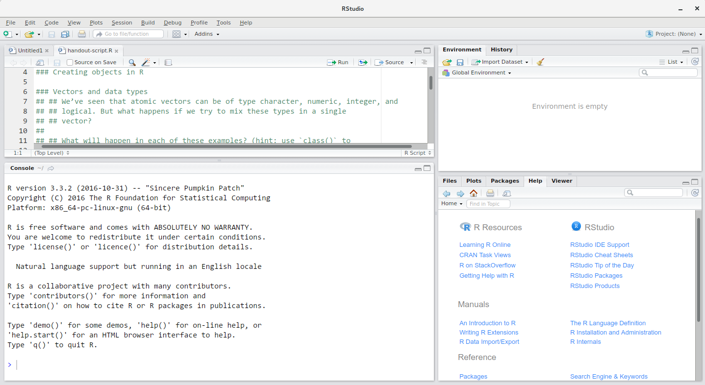 RStudio interface screenshot. Clockwise from top left: Source,
Environment/History, Files/Plots/Packages/Help/Viewer,
Console.